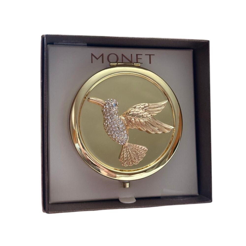 MONET Hummingbird Compact Mirror Gold Tone Rhinestone Figural New in Box Garden